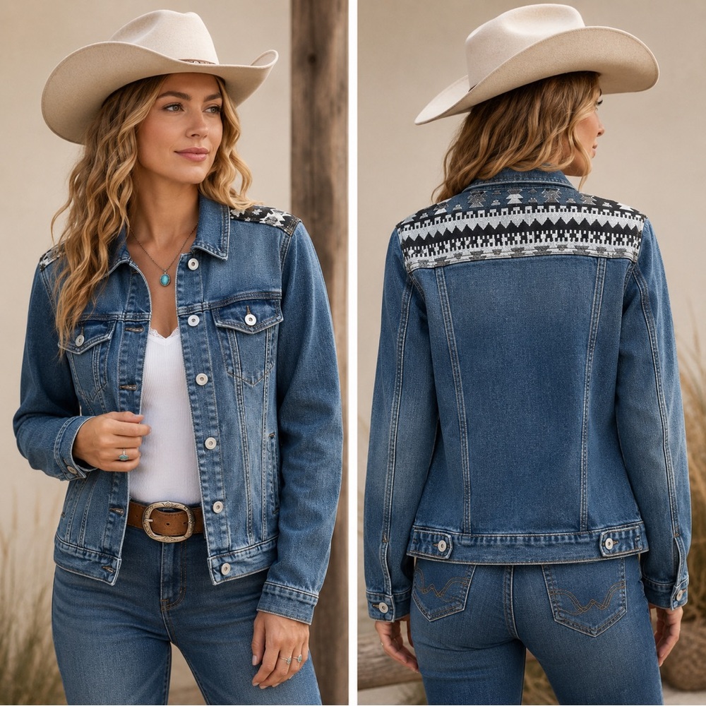 Stetson Denim Trucker Jacket Womens Small Western Southwestern Aztec Embroidered